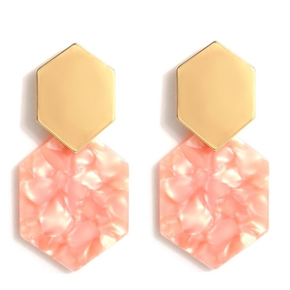 Gold Tone Pink Marble Geometric Acrylic Earrings NWT